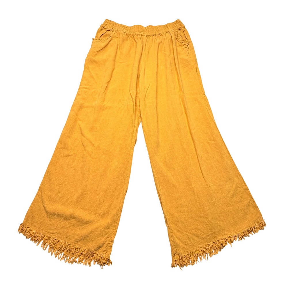 Umgee Mustard Yellow Linen Blend Wide Leg Fringe Hem Pants N6667 Large